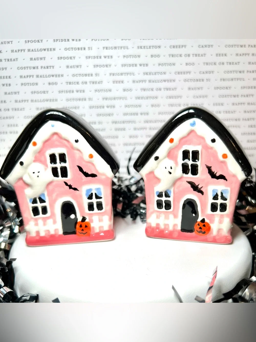 Halloween Pink Gingerbread Haunted House Ceramic Salt & Pepper Shakers Ghost Bat